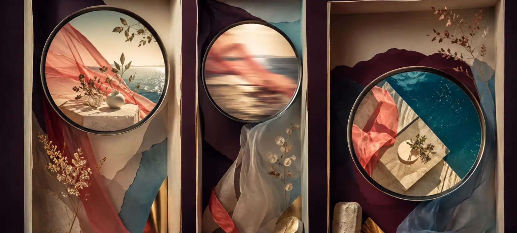 Tres escenas enmarcadas con lentes circulares, telas y reflejos de costa en tonos coral y turquesa